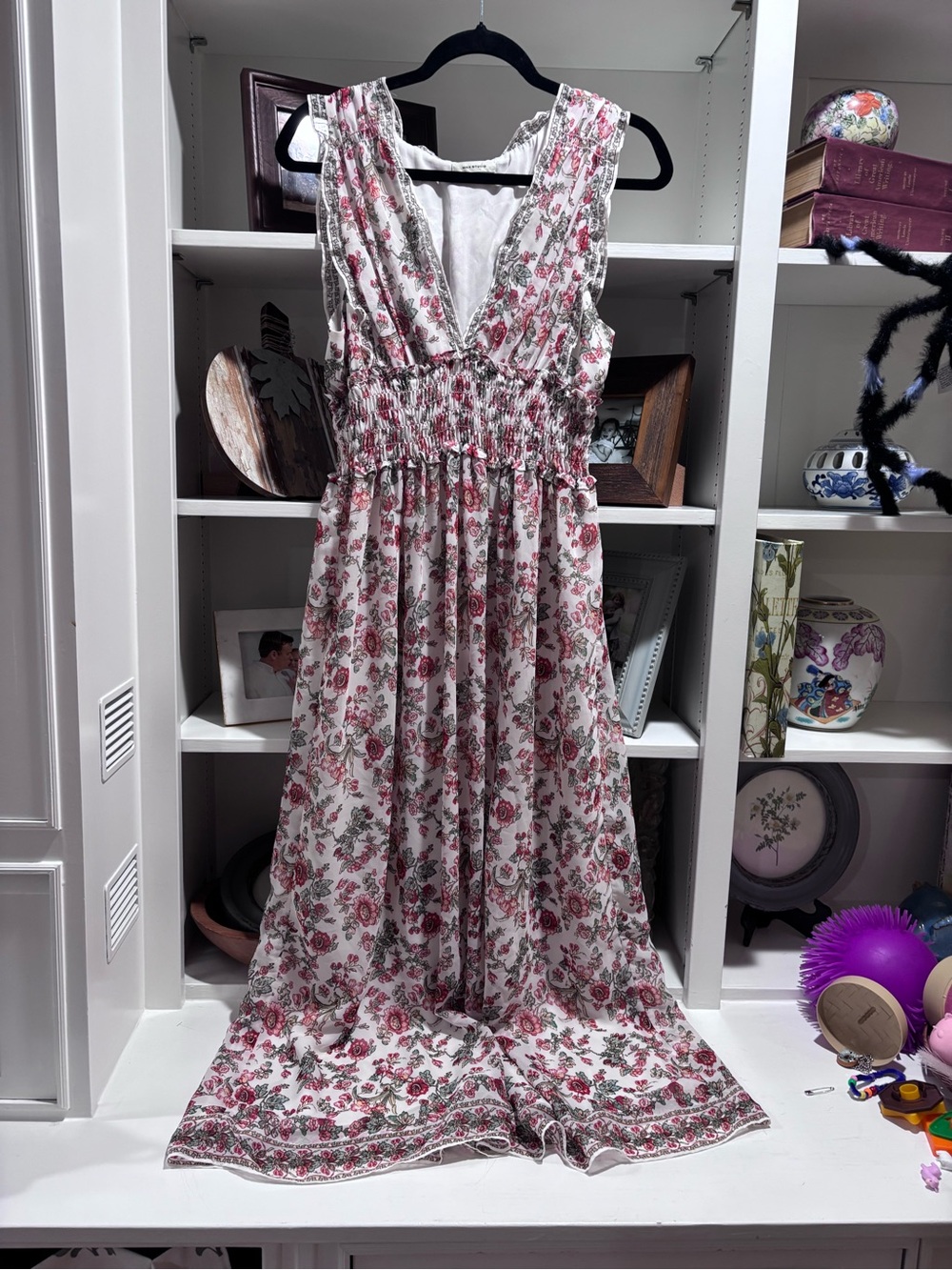 Max Studio White Maxi Dress with Pink Floral Border
